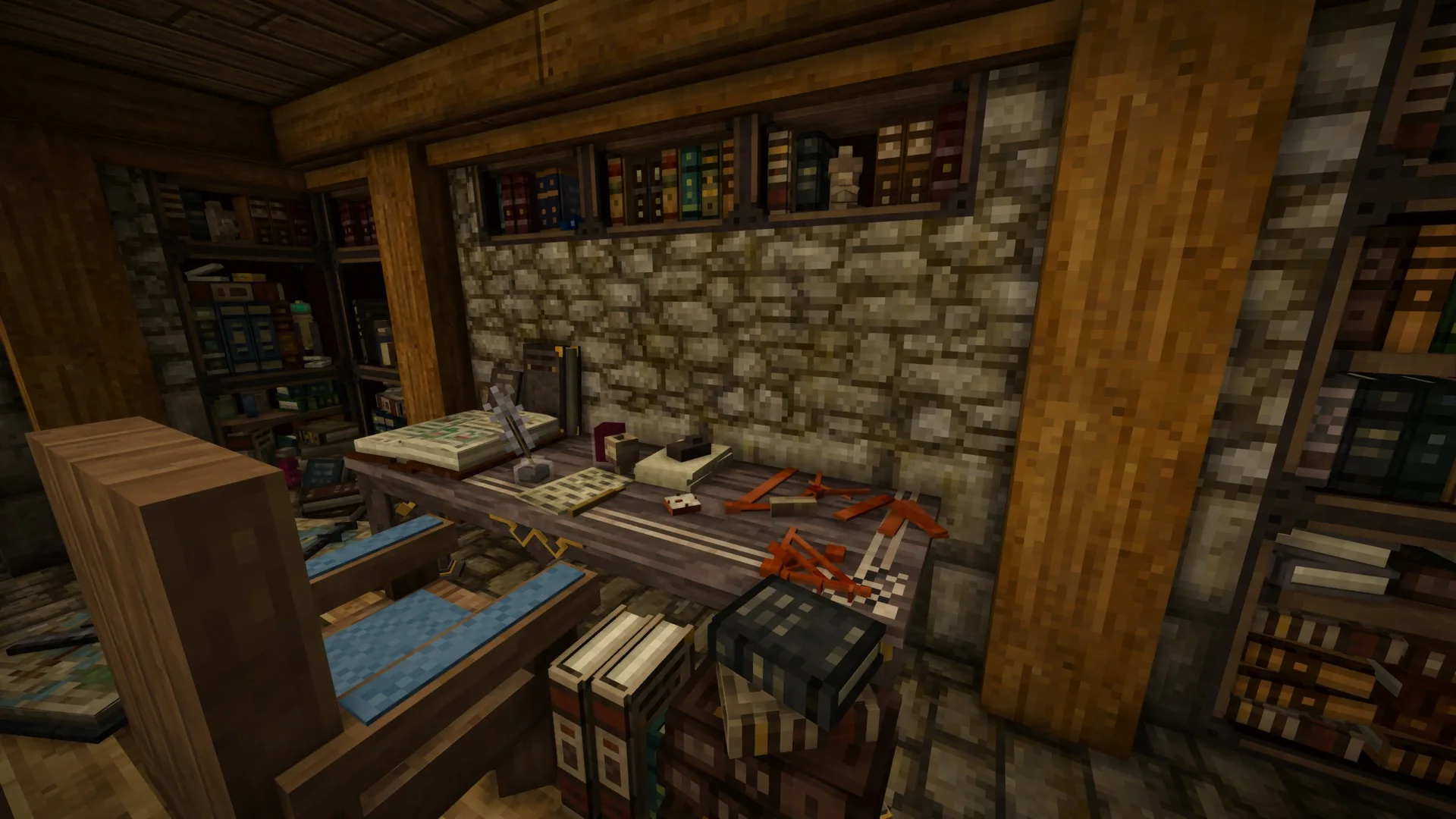 A detailed library and cartography room built in Vintage Story.