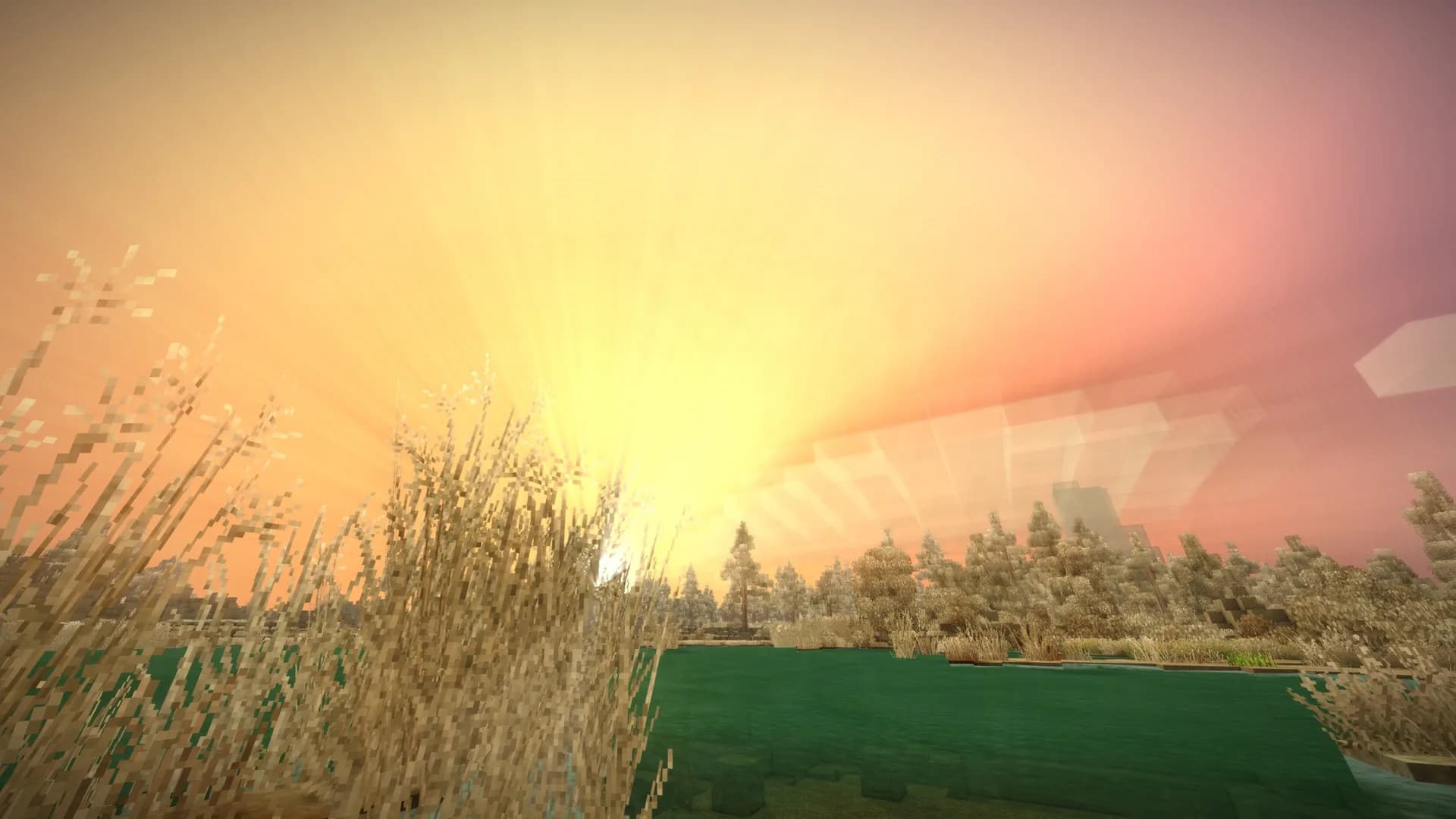 A winter sunrise reflects across a lake in Vintage Story.