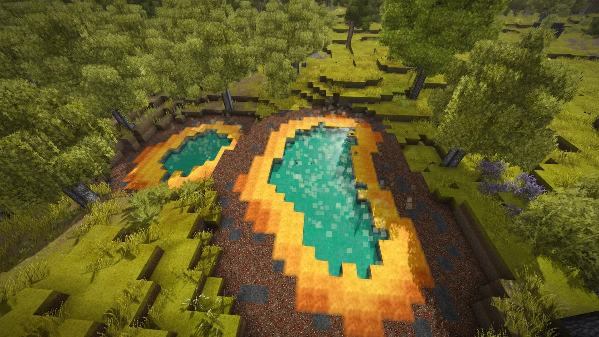Geothermal pools in a green Vintage Story landscape.
