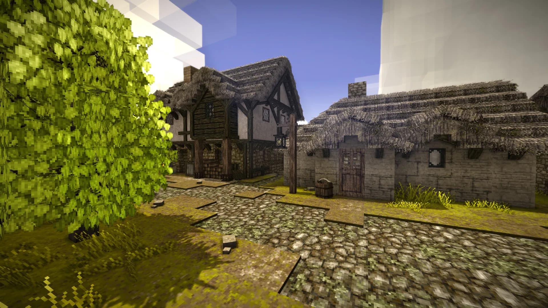 Timber and stone village buildings in Vintage Story.