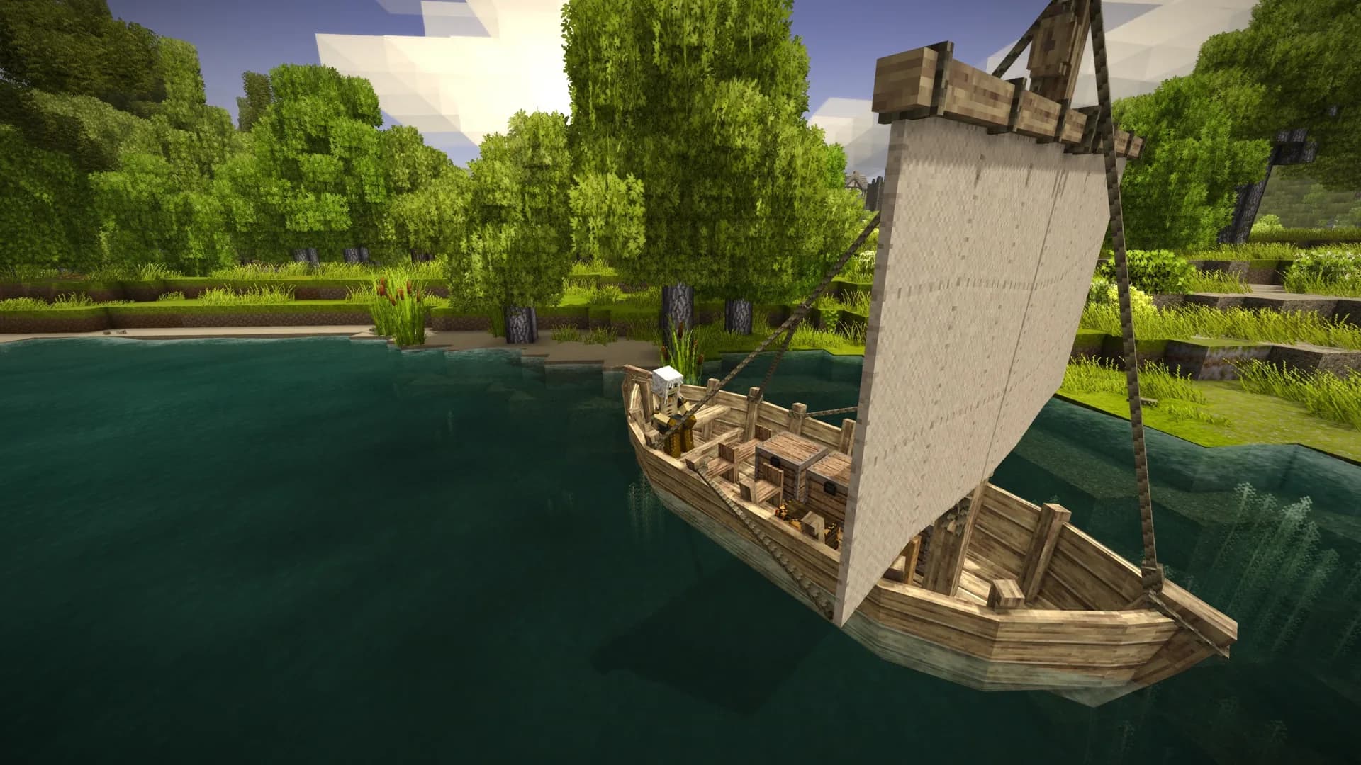 A player sails a wooden boat across a forest lake in Vintage Story.