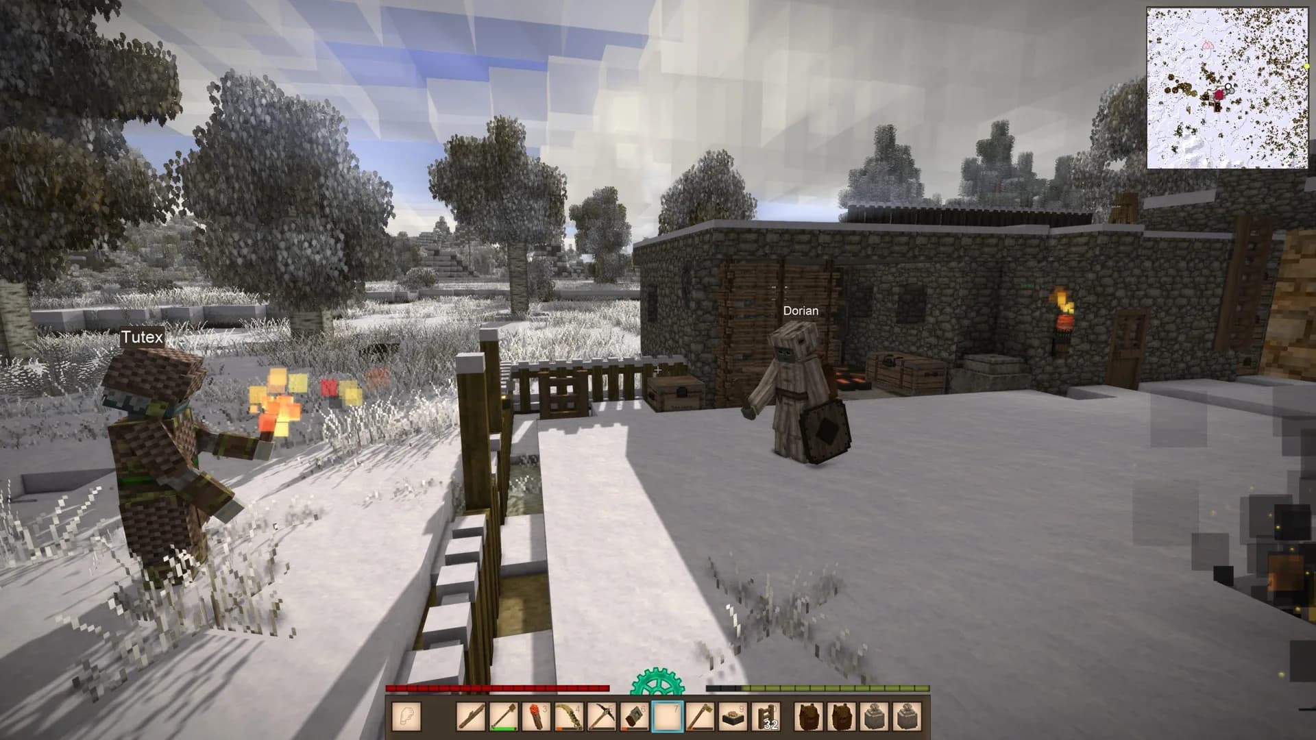 Players gather near a lit homestead in a snowy Vintage Story world.